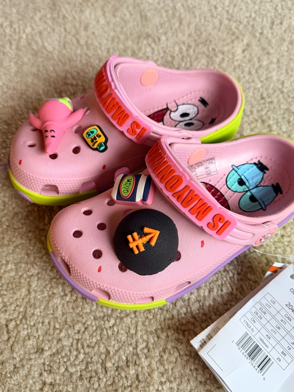 CROCS Kids Pink Clog Sandals with Neon Yellow Trim and Novelty Charms
